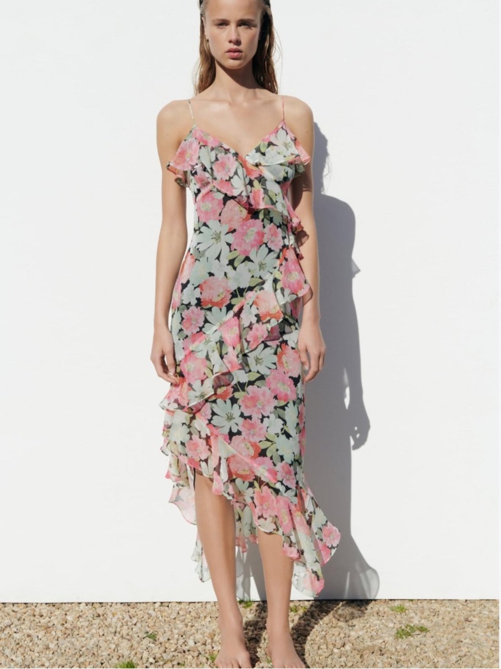NWT ZARA Floral Ruffle Slip Dress - Pink Floral
